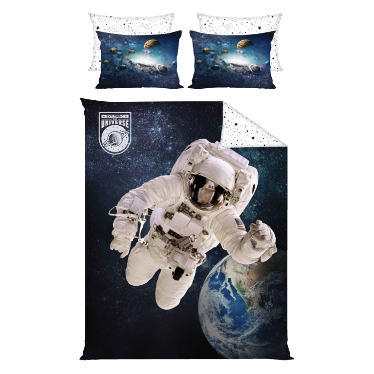 Pościel bawełniana z płótna 160- Kosmonauta, na łóżku rozłożona